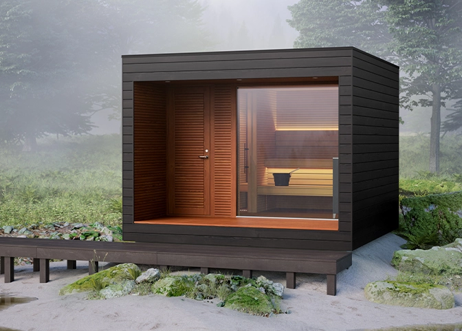 modern outdoor sauna with deck in forest