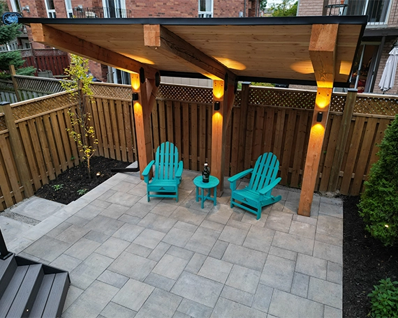top view of backyard, outdoor privacy screen, fence and interlocking floor