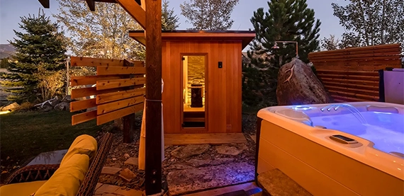 outdoor sauna image two outdoor sauna and a hot tube in home backyard