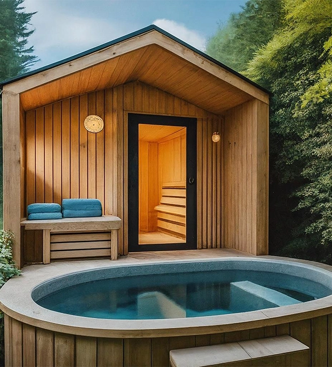 outdoor sauna with plunge pool modern outdoor sauna with plunge pool and sitting bench outside