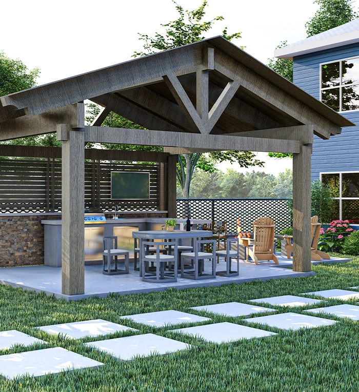 3d landscape steps. cabana covered open kitchen, home yard lawn