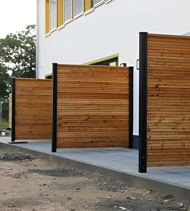 permanent outdoor privacy screen beside restaurant doors