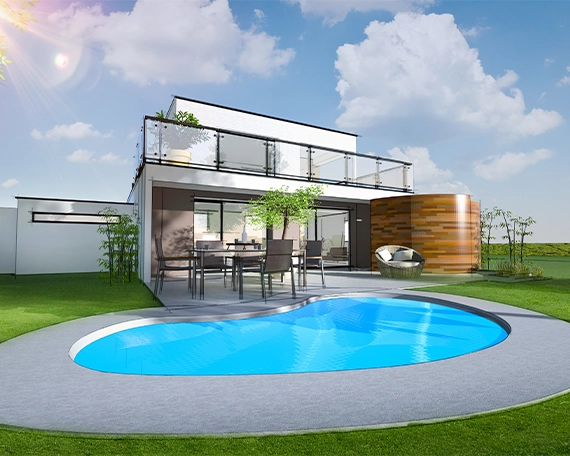 3d rendered of pool in front of home