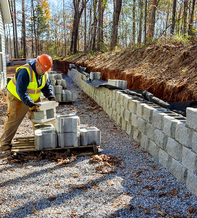professional man installing concrete block retaining wall