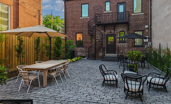 seating area in open backyard space décor with landscaping