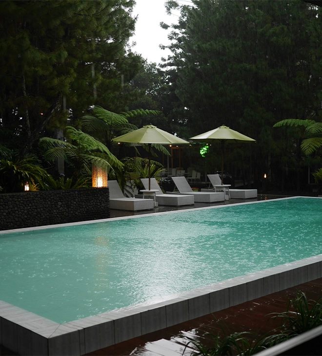 swim spas close up view, gathering setup around it