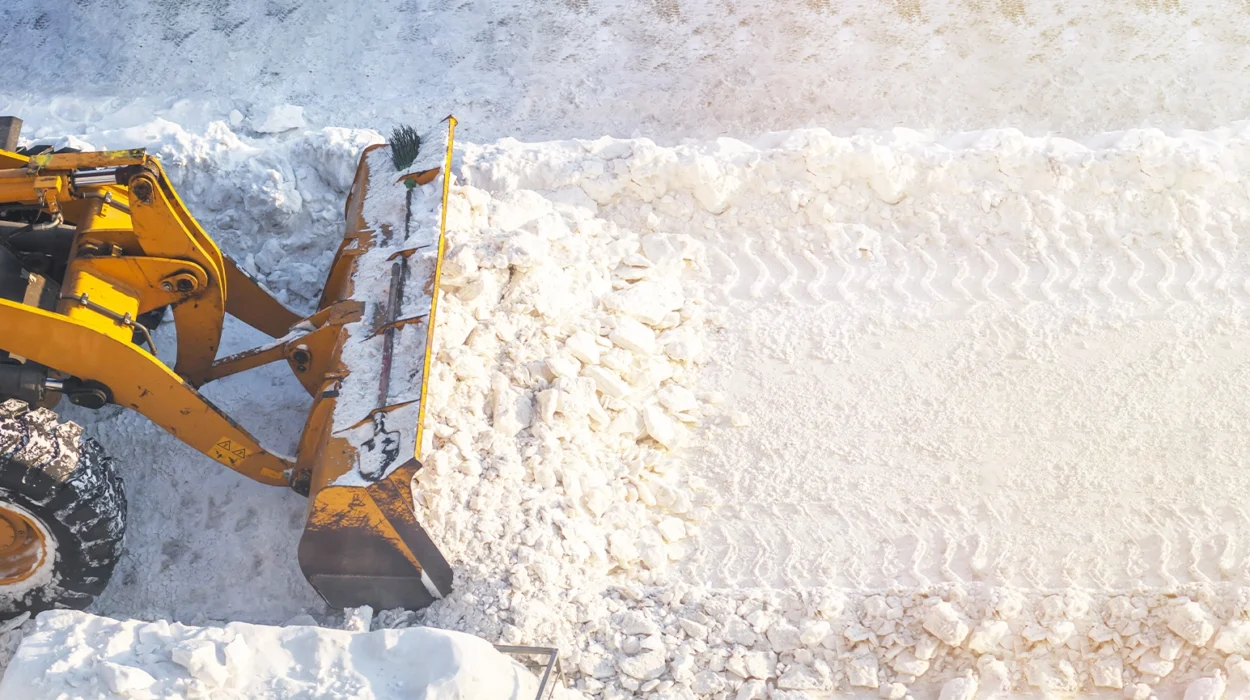 A large orange tractor removes snow from the road and clears the sidewalk. Cleaning and clearing roads in the city from snow in winter. Snow removal after snowfalls and blizzards.