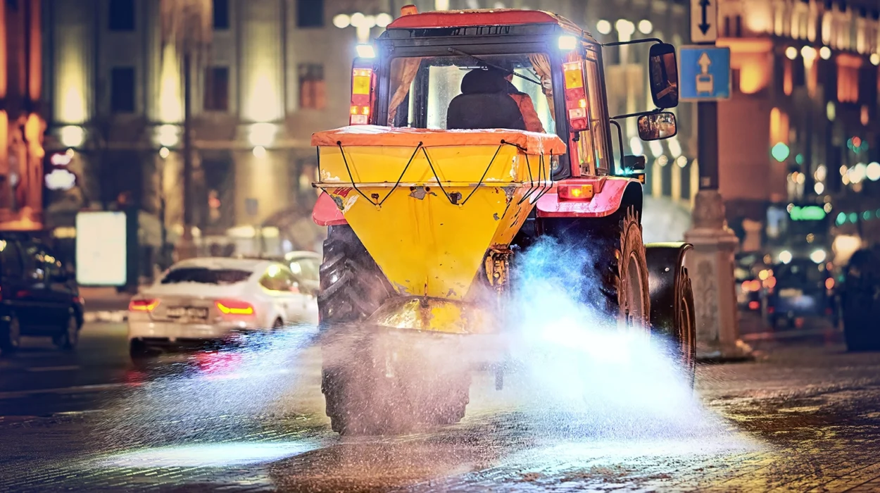 Tractor with salt spreader plow snow, spread salt on pavement after snow storm, road maintenance - winter gritter vehicle. Tractor de-icing street, spreading salt. Machinery spreader salting sidewalk
