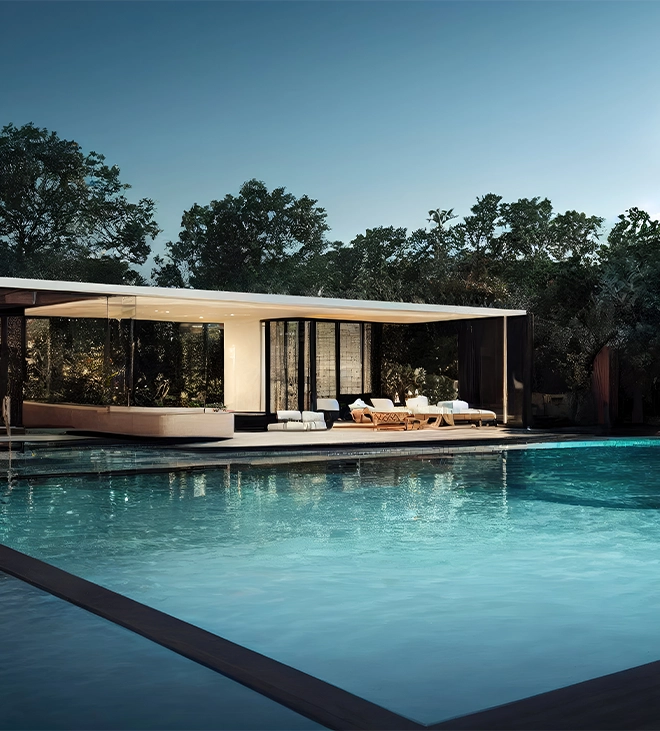 vinyl pool and inside lighting, covered deck