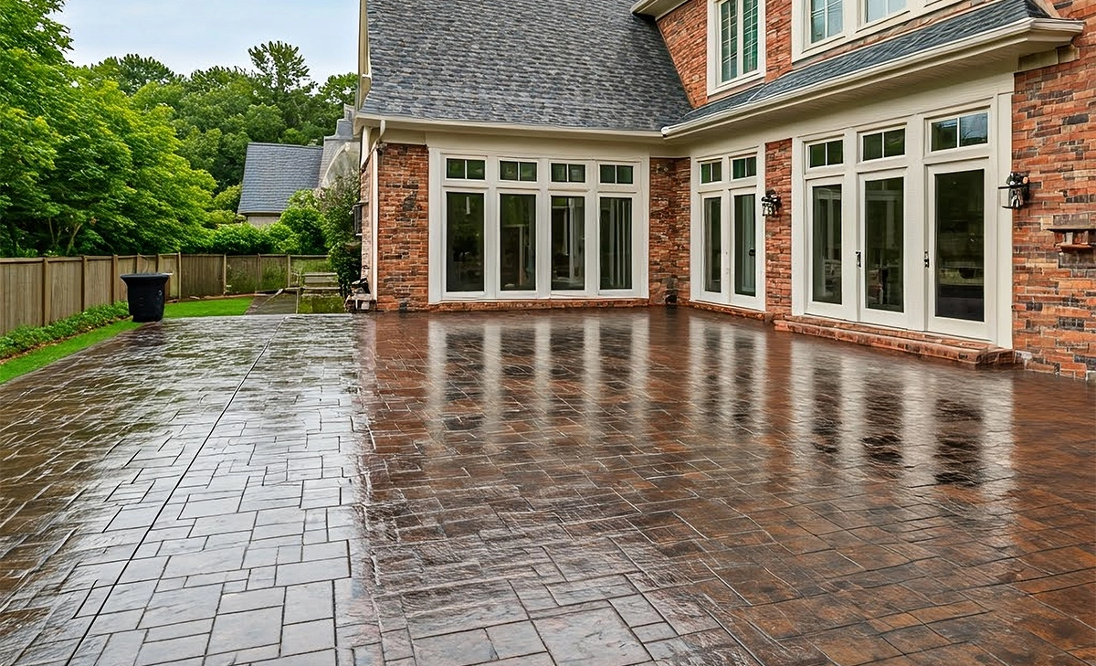 wet interlock patio in home backyard, home windows, fence in lawn