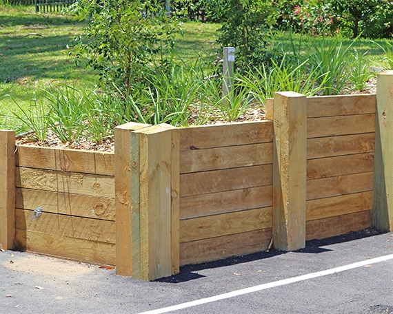 wooden retaining wall image five corner view of wooden retaining wall in park
