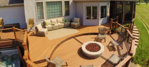 Aerial View of Sunny Suburban Deck with Fire Pit and Gazebo