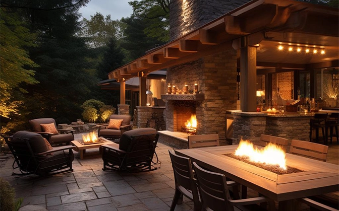 custom outdoor firepalce Ontario home in backyard