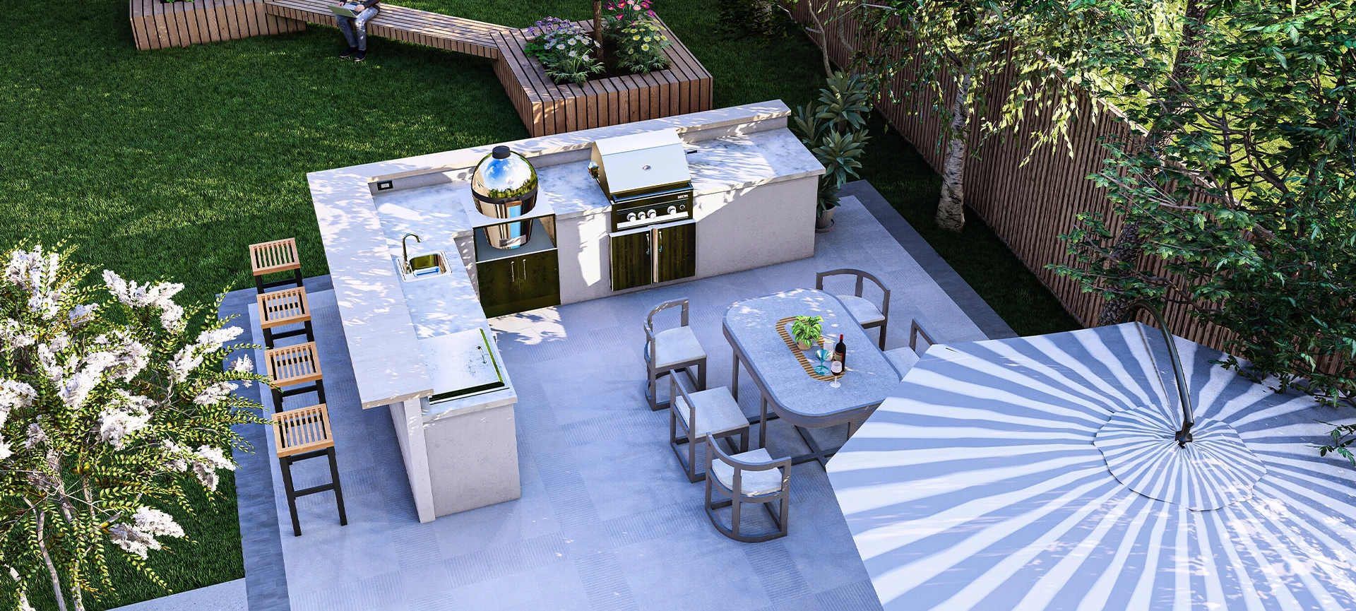 3D Rendering of Outdoor Kitchen and BBQ Area | Backyard Kitchen Visualization | BBQ Station 3D Design | Outdoor Cooking Space Render | Patio BBQ Layout