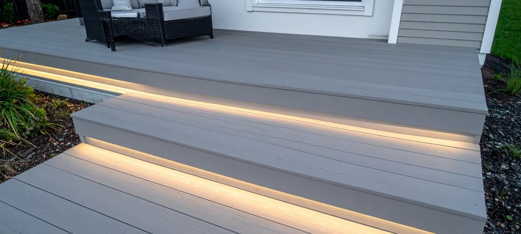 Modern multi-level composite decking in ash grey with subtle deck lights for contempo