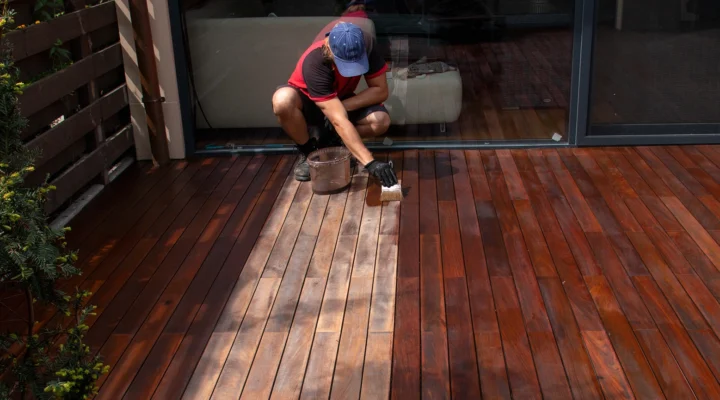 Exterior hardwood deck annual refreshing, man with paintbrush applying nourishing oil on cleaned and sanded Ipe decking terrace boards