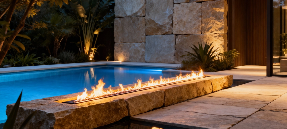 This stunning backyard oasis features a pool, stone walls, and a modern fire element, perfect for relaxation and entertaining
