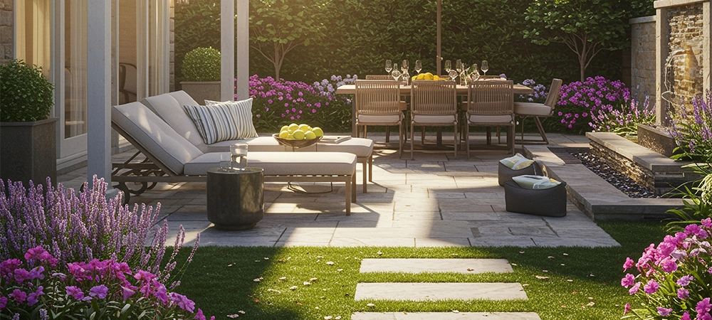 luxury backyard garden with furniture sunny day realistic