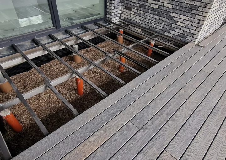 Ecological terrace made from wood plastic composite wpc under construction