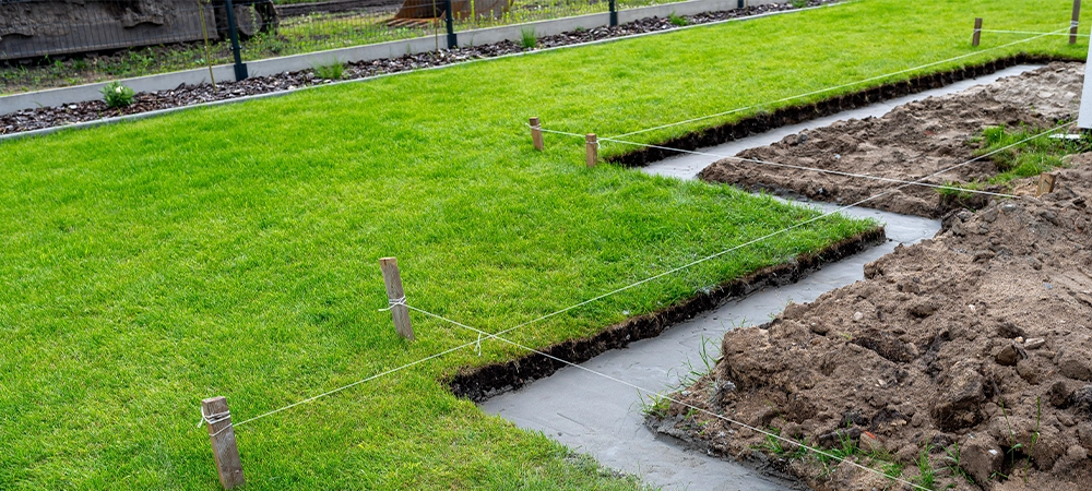 Foundation footings poured in a ditch in the yard, building a terrace in the backyard.
