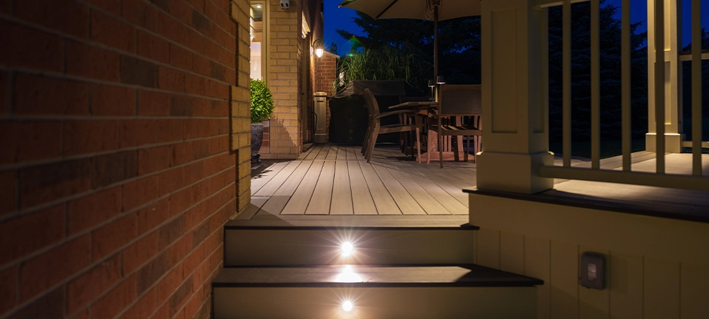 Outdoor deck with lights at night