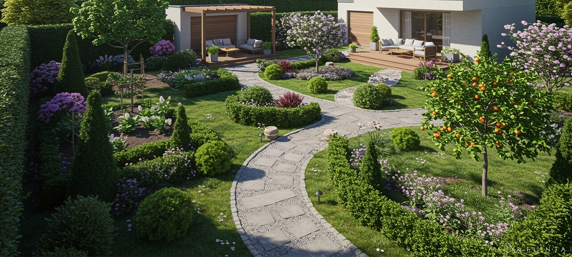 landscape of a spacious and elegant modern garden, with clean margins on all sides for catalog use. the garden follows a modern french formal style, featuring symmetrical layout, sculpted topiary trees