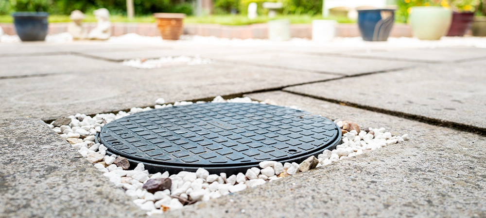 Shallow focus of a newly installed, plastic drainage inspection cover seen in a typical back garden patio setting.