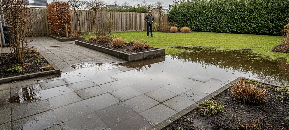 backyard with uneven paving showing incorrect slope and poor drainage. visible puddles on gray paving stones, wet soil in flower beds, and slightly flooded grass areas.