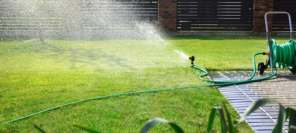Automatic sprinkler sprays water over green grass