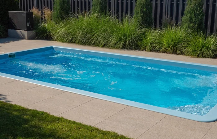 In the home pool, the counter-current system is turned on, making it an excellent place to swim in the backyard