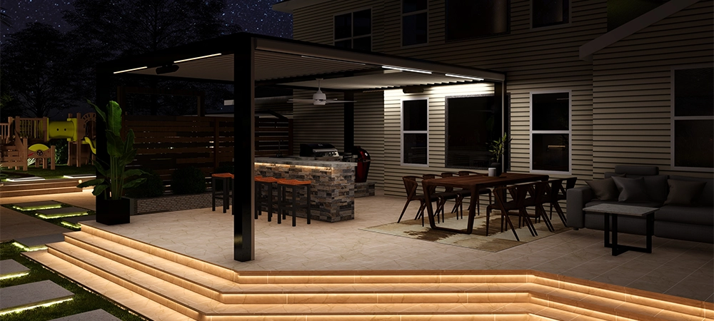 3d rendering of backyard design with a pool, dining area, outdoor kitchen and other feature
