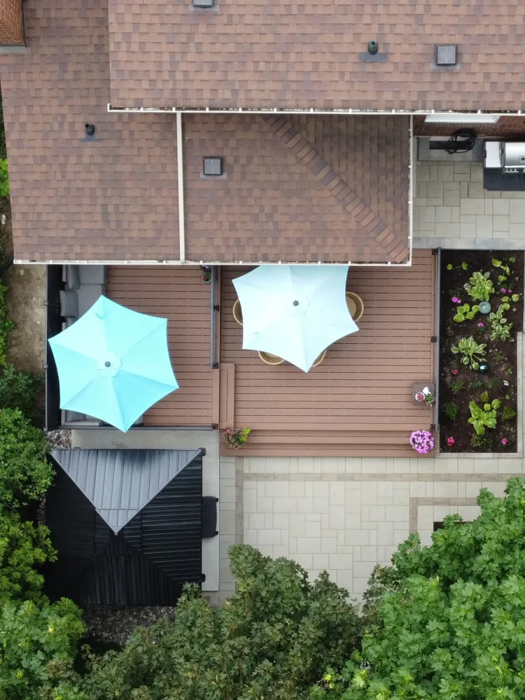 aerial view of backyard with composite deck