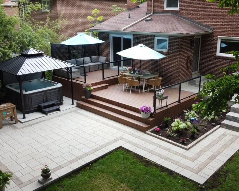 aerial backyard with deck and hot tub