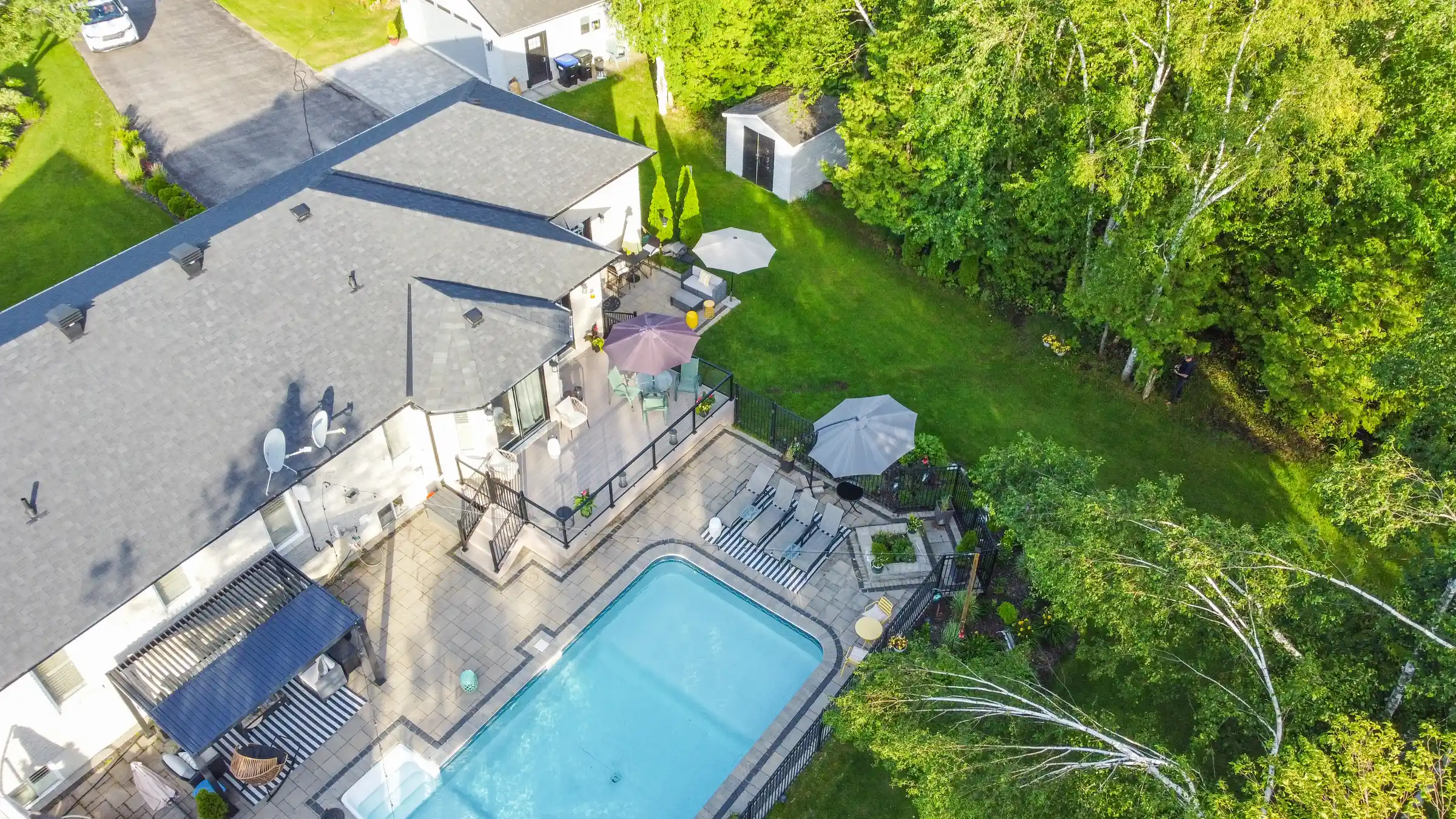 aerial backyard pool and deck view