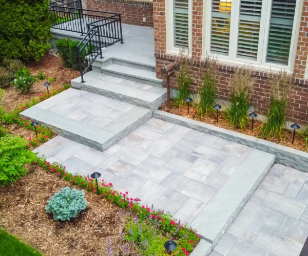 aerial-front-yard-paver-walkway-angle paved front patio