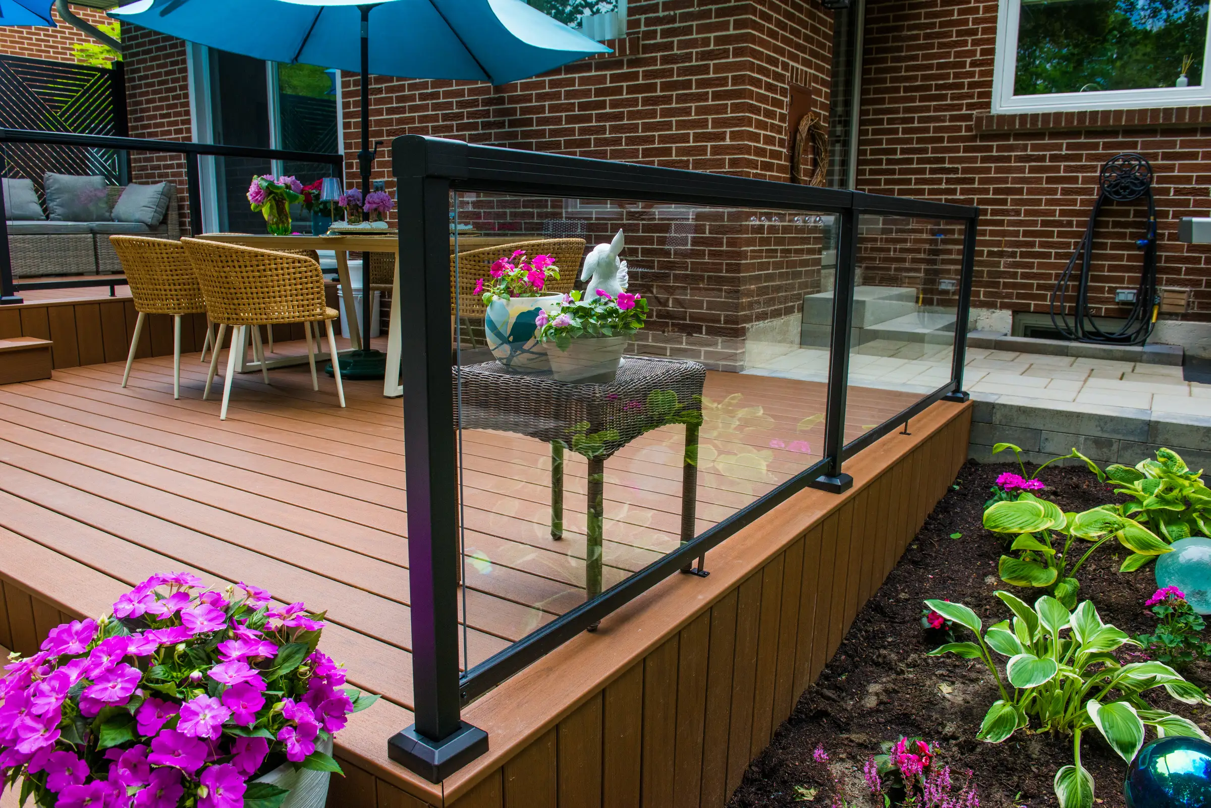composite deck glass railing and garden ornament
