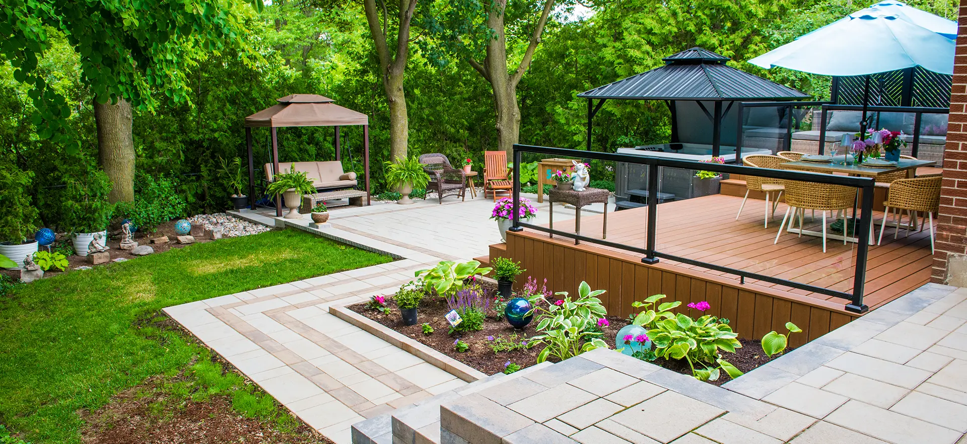 colourful backyard with a composite deck and gazebo