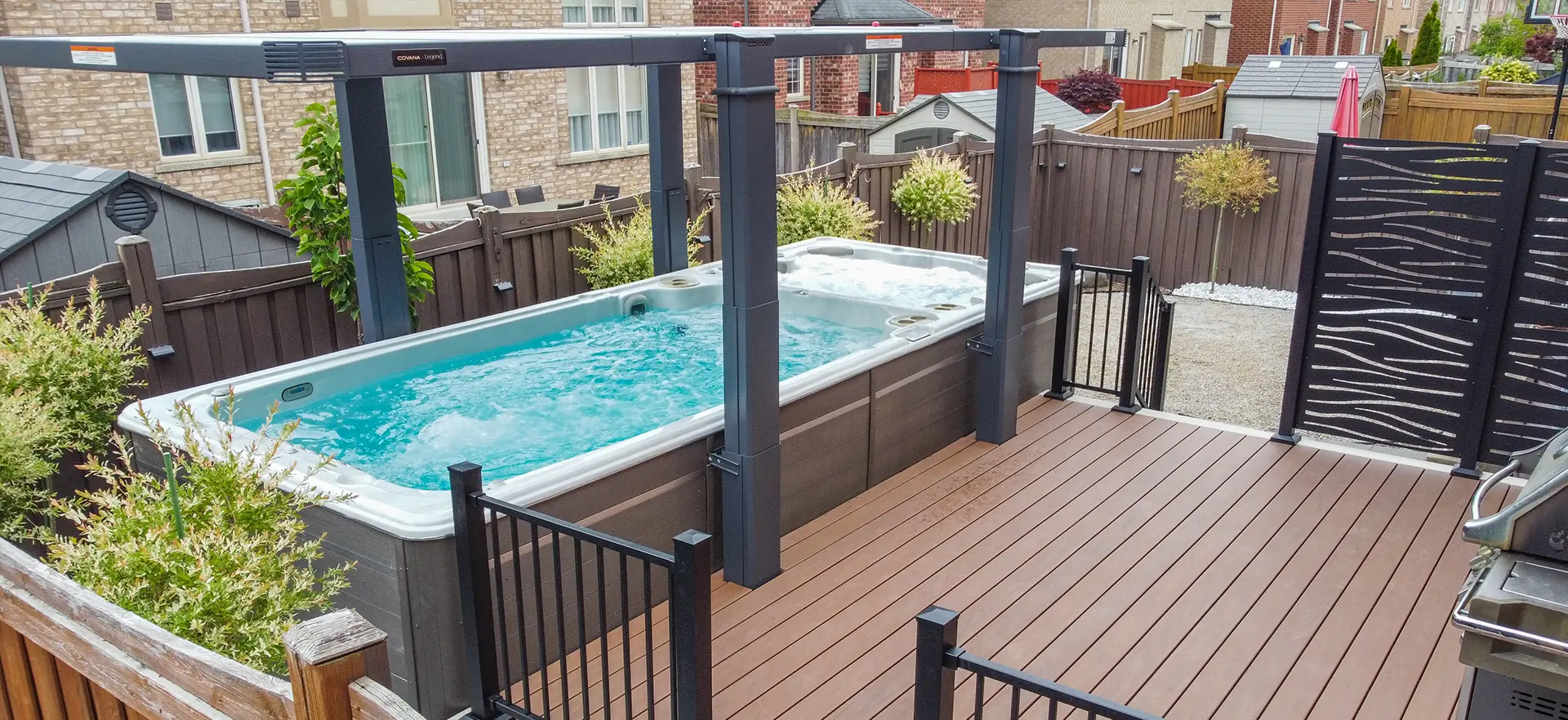 a spa jacuzzi on a trex deck