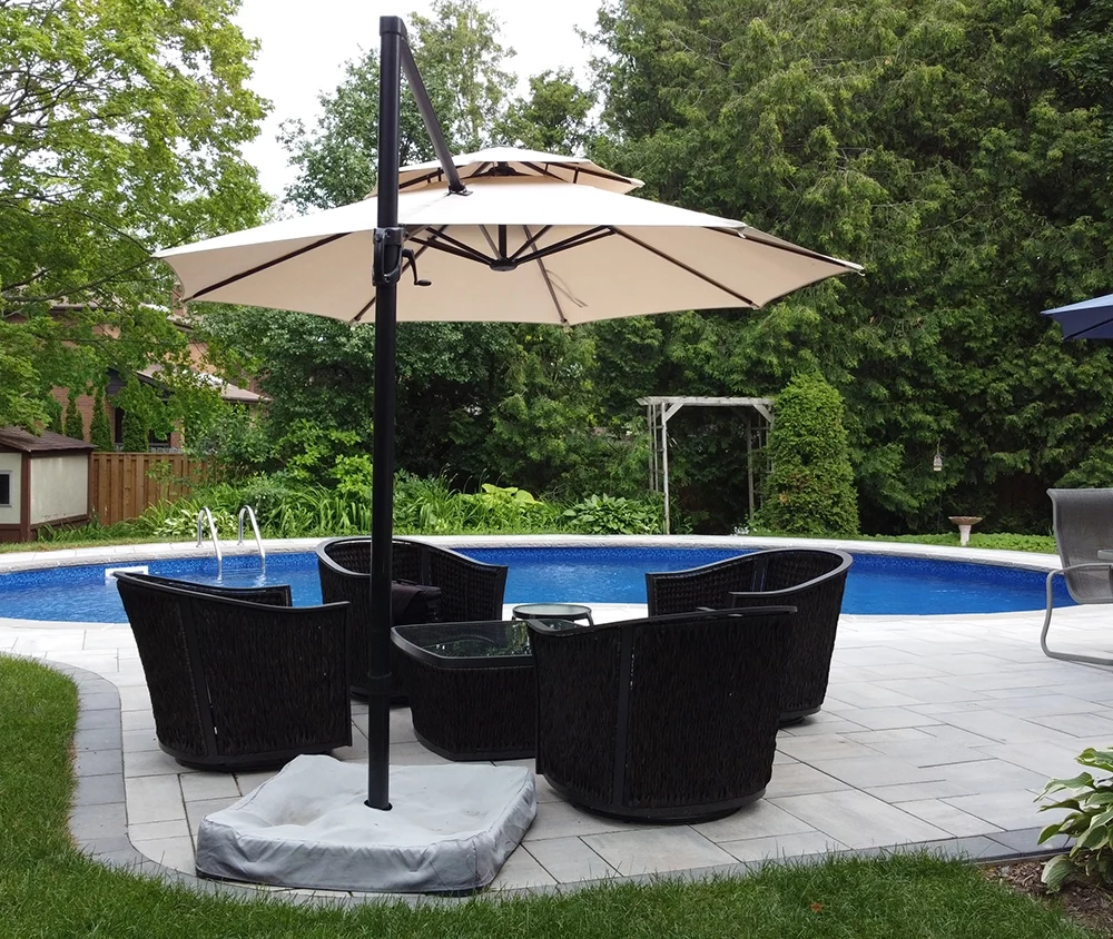 patio with umbrella and chairs and pool in the back