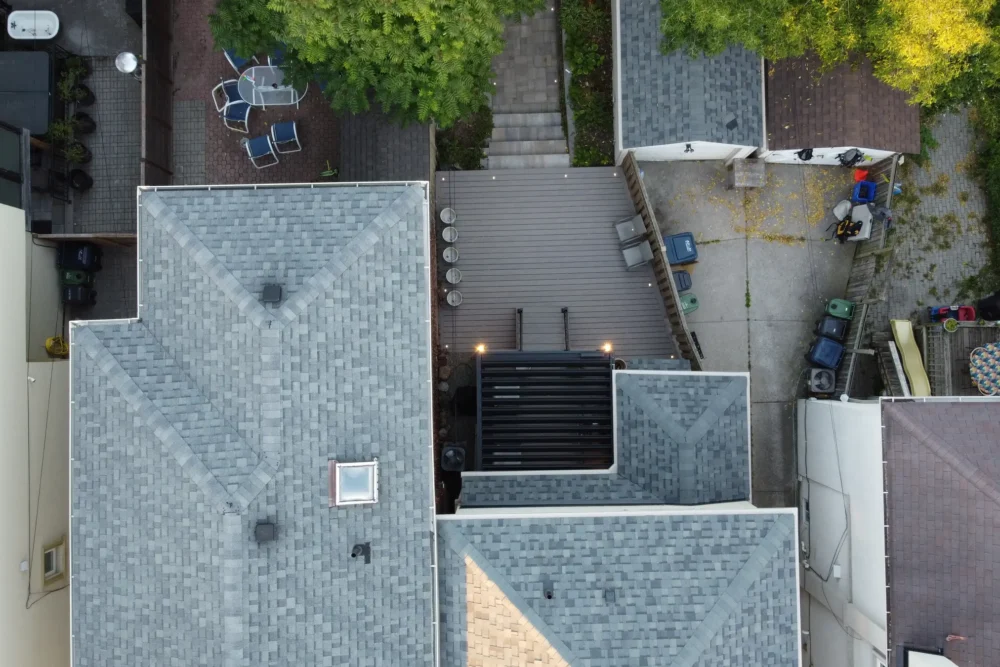 Top-down aerial view of the Danforth backyard Trex deck and pergola