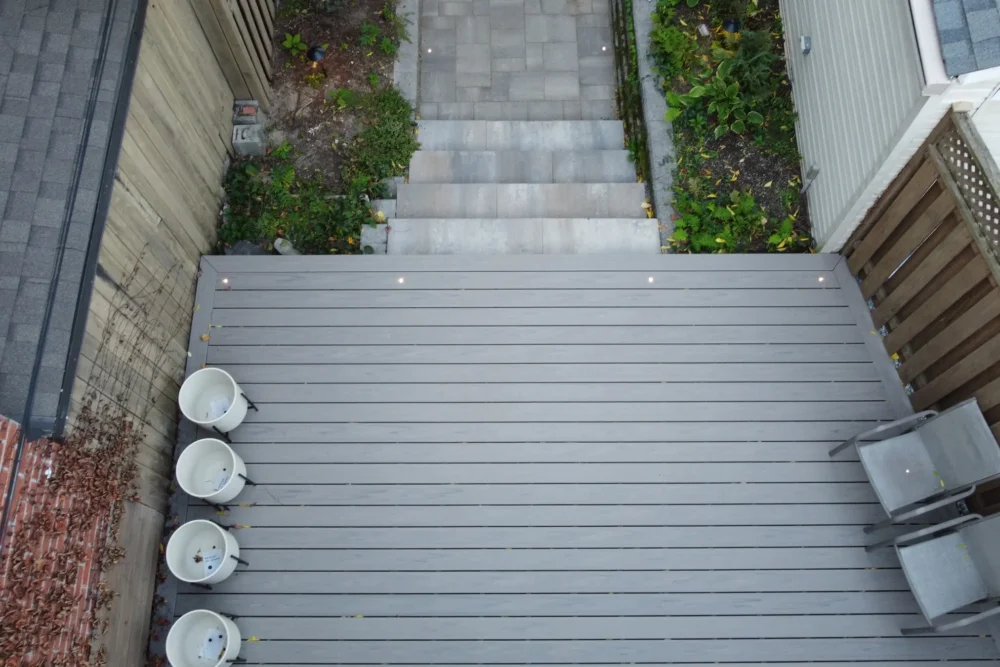 Overhead view of the Trex deck with planters and chairs