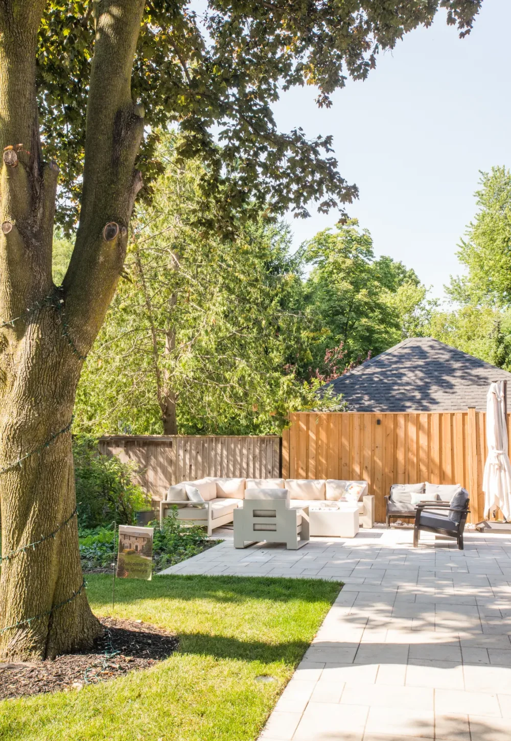 Interlocking patio walkway framed by a mature tree
